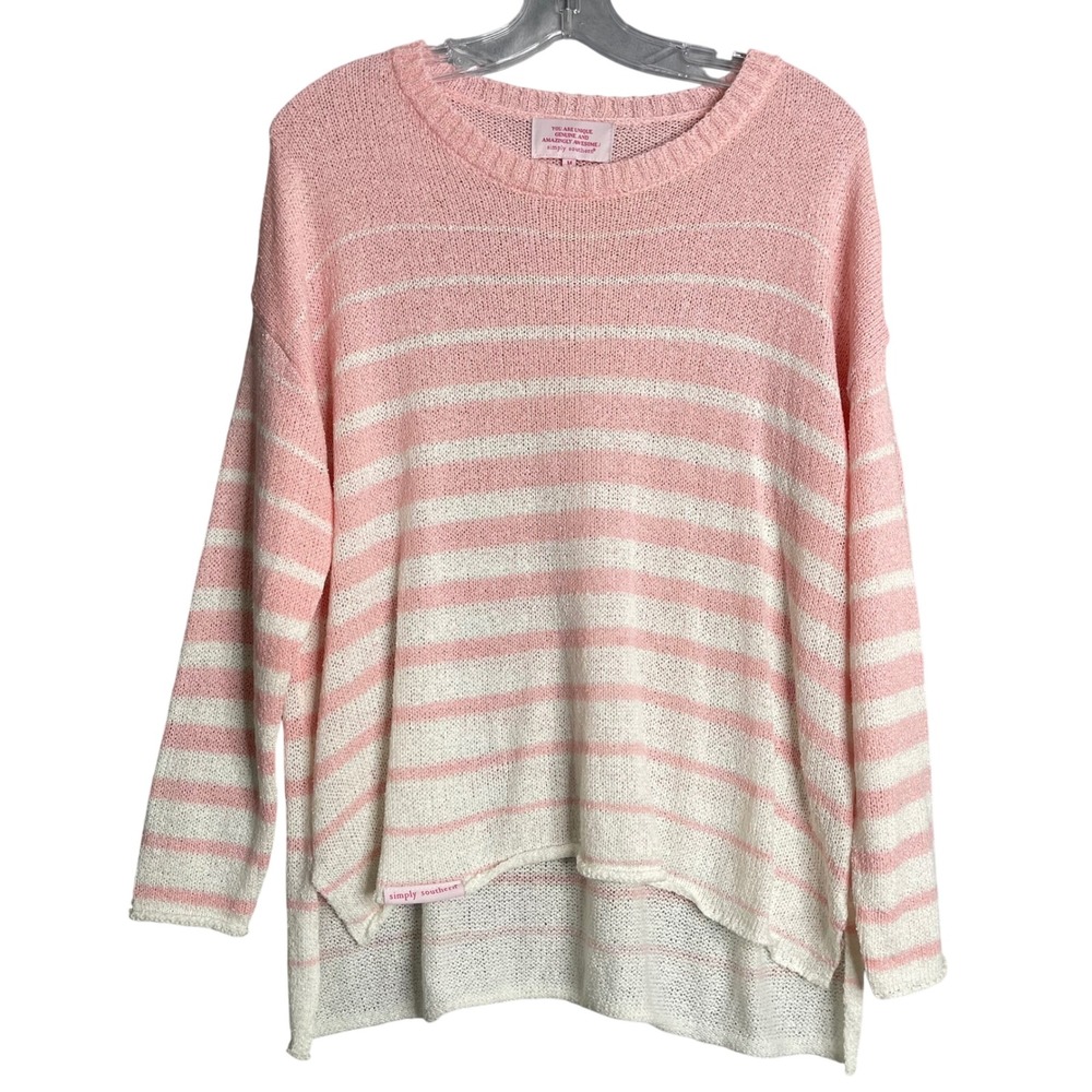 Simply Southern Sweater Womens M Pink‎ White Stripe Lightweight Slouchy Preppy